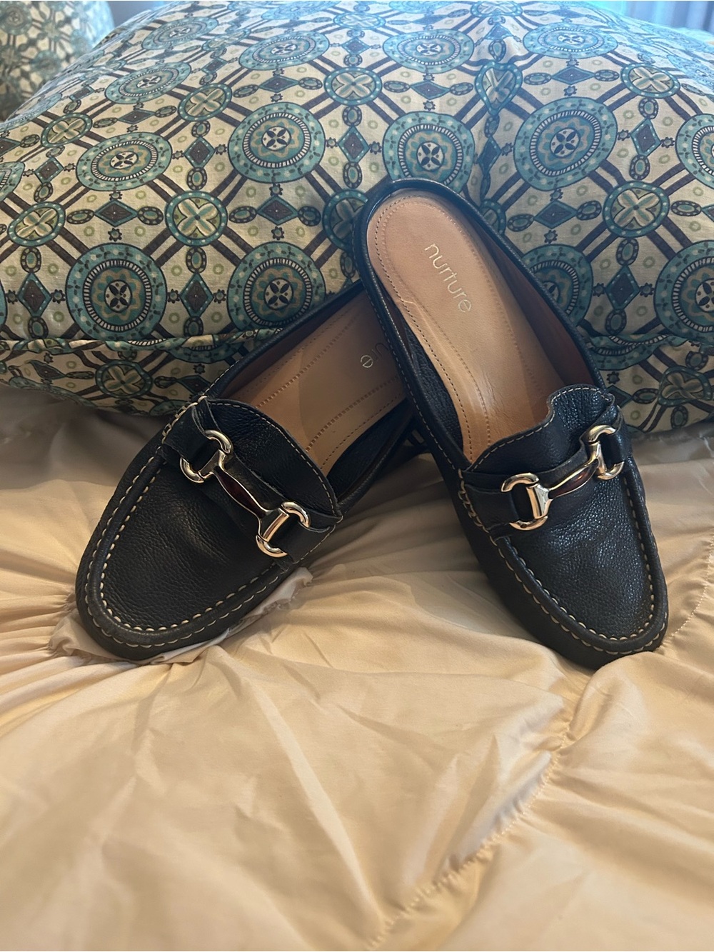 Nurture by Lamaze Black Leather Mule Loafers with Gold Hardware